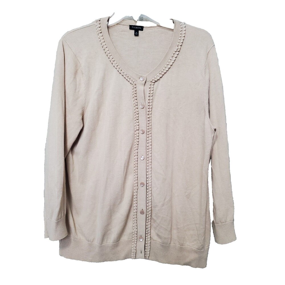 Talbots Cotton Blend Tan Ruffle Applique Long Sleeve Button-Up Cardigan Size Med